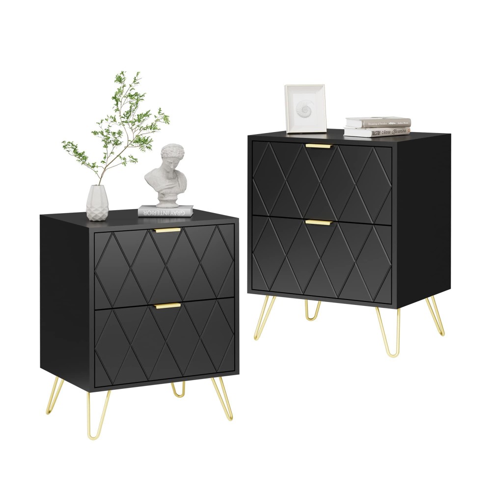 Anbuy Black Nightstand Set Of 2 With Gold Handle Bedside Table With 2 Drawers Night Stands Set Of 2 Gold Legs For Bedroom Livi