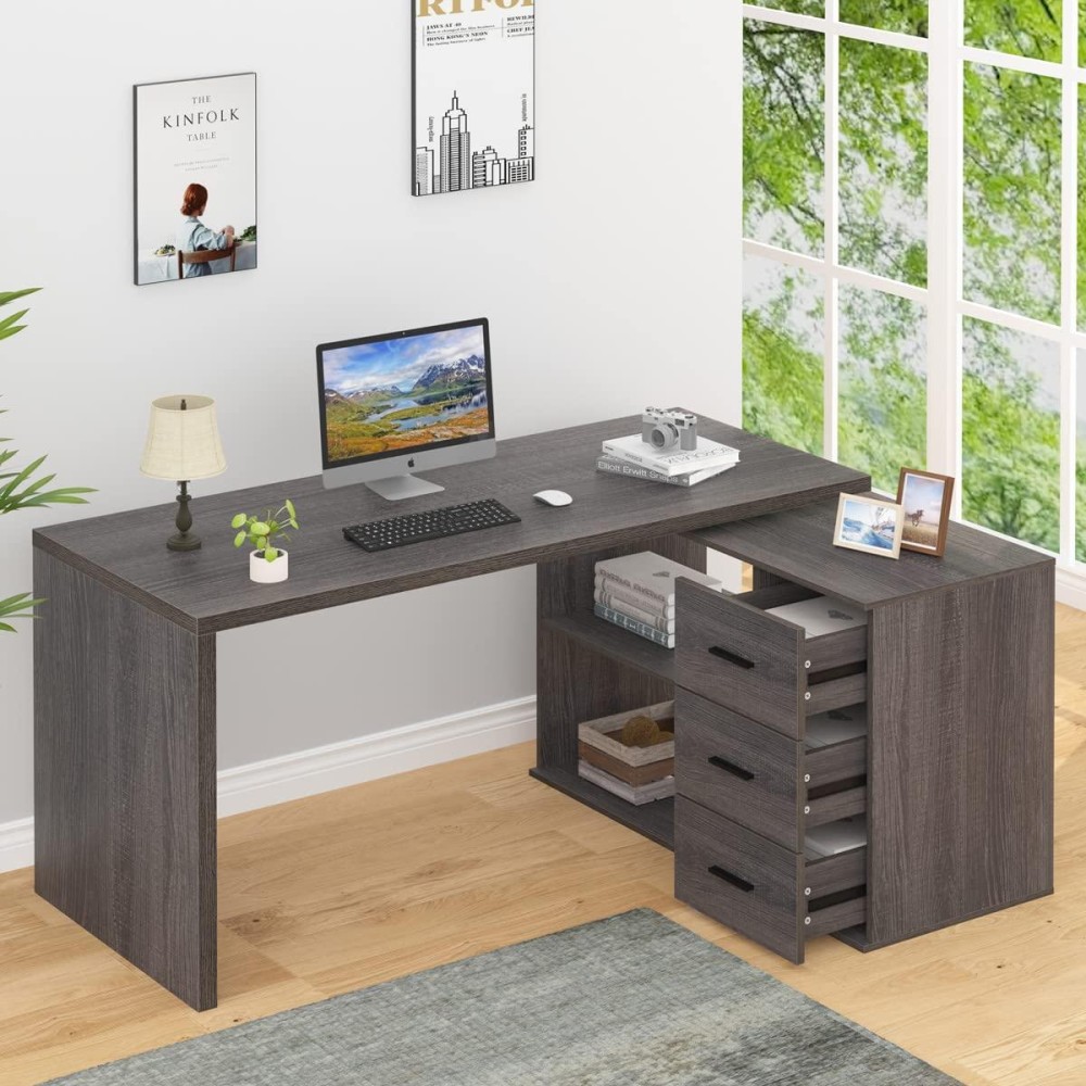 Hsh L Shaped Desk With Drawers Shape Computer Storage Cabinet Shelves Reversible Modern Industrial Home Office Corner Desk Ru