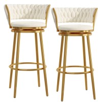 Guyifuny Bar Stools Counter Height-29.5'' 360 Swivel Counter Stools Bar Chairs Set Of 2, Velvet Kitchen Island Chair With Back And Gold Footrest, White-A