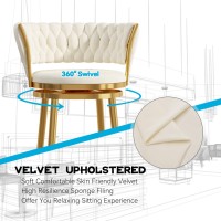 Guyifuny Bar Stools Counter Height-29.5'' 360 Swivel Counter Stools Bar Chairs Set Of 2, Velvet Kitchen Island Chair With Back And Gold Footrest, White-A