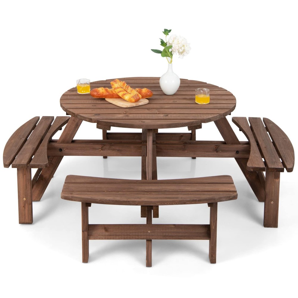 Tangkula 8 Person Wood Picnic Table, Outdoor Round Picnic Table With 4 Built-In Benches, Umbrella Hole, Outside Table And Bench Set For Garden, Backyard, Porch, Patio, 500Lbs Capacity Per Bench