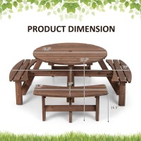 Tangkula 8 Person Wood Picnic Table, Outdoor Round Picnic Table With 4 Built-In Benches, Umbrella Hole, Outside Table And Bench Set For Garden, Backyard, Porch, Patio, 500Lbs Capacity Per Bench