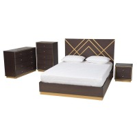 Baxton Studio Arcelia Contemporary Glam And Luxe Two-Tone Dark Brown And Gold Finished Wood Queen Size 4-Piece Bedroom Set With Chest