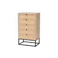 Baxton Studio Amelia MidCentury Modern Transitional Natural Brown Finished Wood and Natural Rattan 5Drawer Chest