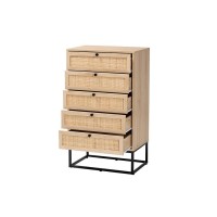 Baxton Studio Amelia MidCentury Modern Transitional Natural Brown Finished Wood and Natural Rattan 5Drawer Chest