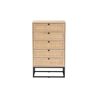 Baxton Studio Amelia MidCentury Modern Transitional Natural Brown Finished Wood and Natural Rattan 5Drawer Chest