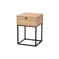 Baxton Studio Amelia MidCentury Modern Transitional Natural Brown Finished Wood and Natural Rattan 1Drawer Nightstand