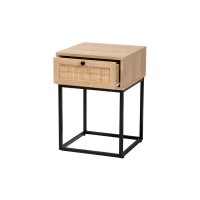 Baxton Studio Amelia MidCentury Modern Transitional Natural Brown Finished Wood and Natural Rattan 1Drawer Nightstand