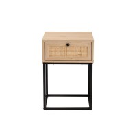 Baxton Studio Amelia MidCentury Modern Transitional Natural Brown Finished Wood and Natural Rattan 1Drawer Nightstand