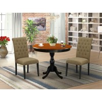 East West Furniture 3Pc Modern Dining Set Includes a Wooden Dinner Table and 2 Light Sable Linen Fabric Upholstered Dining Chai