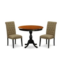 East West Furniture 3Pc Modern Dining Set Includes a Wooden Dinner Table and 2 Light Sable Linen Fabric Upholstered Dining Chai