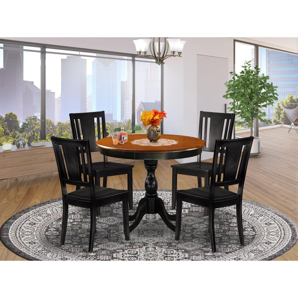 East West Furniture 5Piece Dining Room Table Set Contains a Dining Table and 4 Wooden Dining Chairs with Panel Back Black Fin