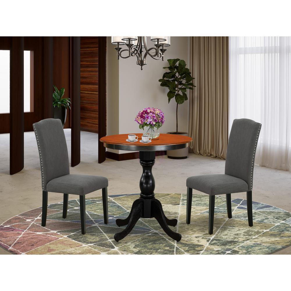 East West Furniture 3Piece Modern Dining Set Consist of Dining Table and 2 Dark Gotham Grey Linen Fabric Parson Chairs with Hig