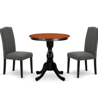 East West Furniture 3Piece Modern Dining Set Consist of Dining Table and 2 Dark Gotham Grey Linen Fabric Parson Chairs with Hig