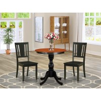 East West Furniture 3Piece Mid Century Modern Dining Set Include a Wood Table and 2 Dining Chairs with Slatted Back Black Fin