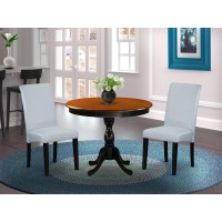 East West Furniture 3Pc Kitchen Table Set Consists of a Wood Dining Table and 2 Grey Linen Fabric Kitchen Chairs with High Back