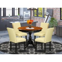 East West Furniture 5Piece Kitchen Table Set Consists of a Round Dinning Room Table and 4 Eggnog PU Leather Dining Room Chairs