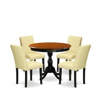 East West Furniture 5Piece Kitchen Table Set Consists of a Round Dinning Room Table and 4 Eggnog PU Leather Dining Room Chairs