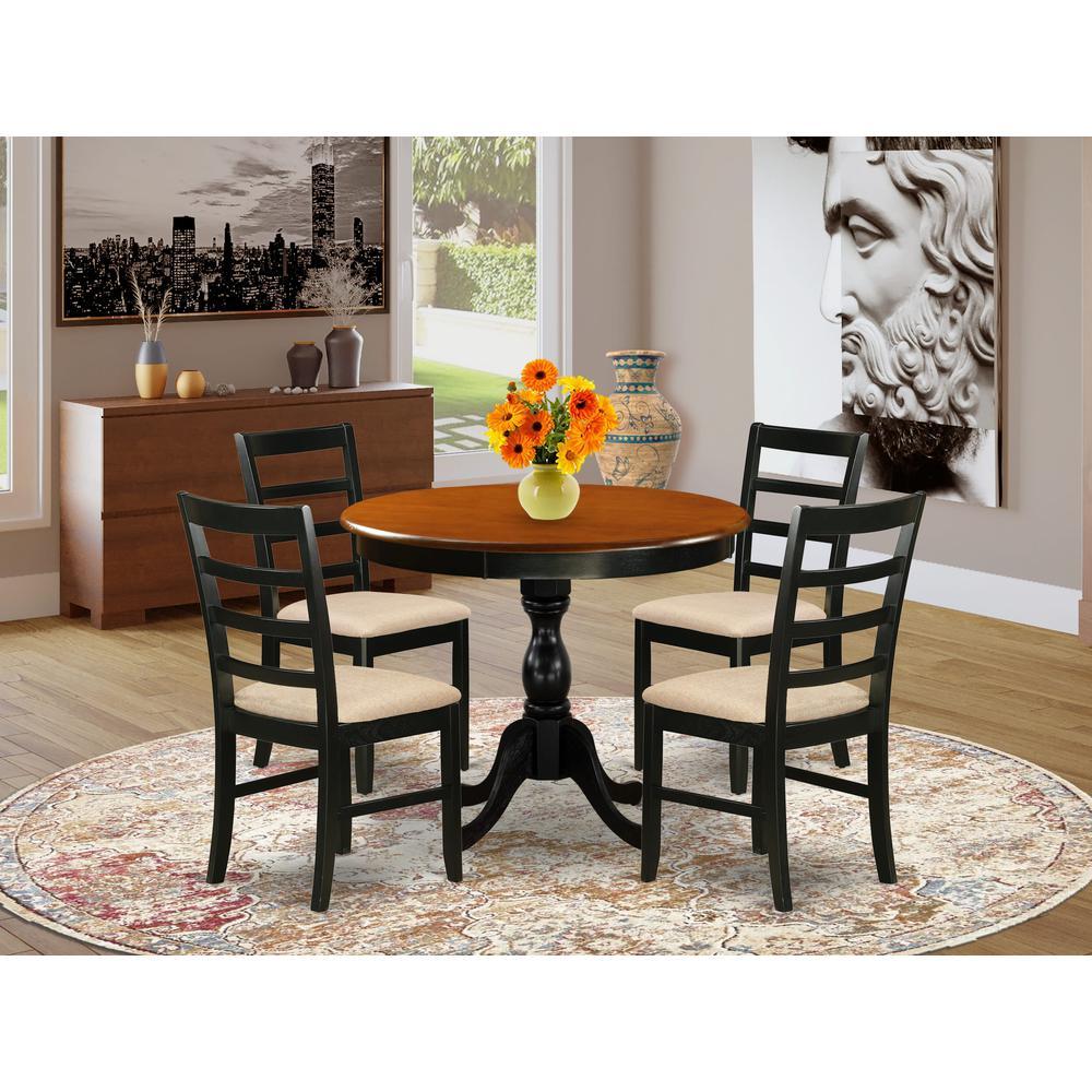 East West Furniture 5Piece Table Set Consists of a Wood Kitchen Table and 4 Linen Fabric Mid Century Dining Chairs with Ladder