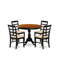 East West Furniture 5Piece Table Set Consists of a Wood Kitchen Table and 4 Linen Fabric Mid Century Dining Chairs with Ladder