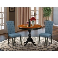 East West Furniture 3Pc Dining Room Set Consists of a Dinette Table and 2 Blue Linen Fabric Mid Century Dining Chairs with Butt