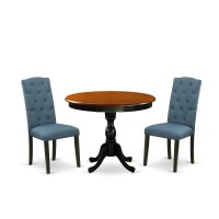 East West Furniture 3Pc Dining Room Set Consists of a Dinette Table and 2 Blue Linen Fabric Mid Century Dining Chairs with Butt