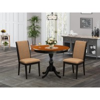 East West Furniture 3Pc Dining Room Table Set Consists of a Dining Table and 2 Light Sable Linen Fabric Parsons Chairs with Hig