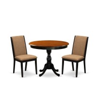 East West Furniture 3Pc Dining Room Table Set Consists of a Dining Table and 2 Light Sable Linen Fabric Parsons Chairs with Hig