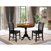 East West Furniture 3Pc Round Table Set Contains a Modern Kitchen Table and 2 Wooden Dining Chairs with Slatted Back Black Fi