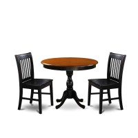 East West Furniture 3Pc Round Table Set Contains a Modern Kitchen Table and 2 Wooden Dining Chairs with Slatted Back Black Fi