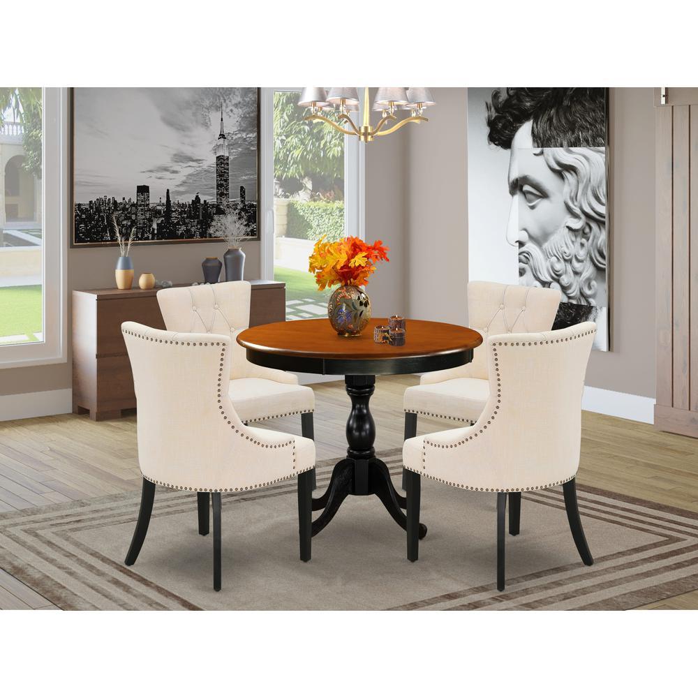 East West Furniture 5Piece Round Dining Table Set Contains a Dining Room Table and 4 Light Beige Linen Fabric Dining Chairs wit