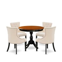 East West Furniture 5Piece Round Dining Table Set Contains a Dining Room Table and 4 Light Beige Linen Fabric Dining Chairs wit