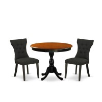 East West Furniture 3Pc Dinning Room Set Includes a Wooden Table and 2 Black Linen Fabric Dining Room Chairs with Button Tufted