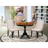 East West Furniture 3Pc Wooden Dinette Set Consists of a Dinette Table and 2 Cream Linen Fabric Mid Century Modern Chairs with