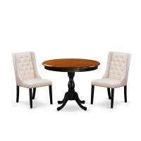 East West Furniture 3Pc Wooden Dinette Set Consists of a Dinette Table and 2 Cream Linen Fabric Mid Century Modern Chairs with