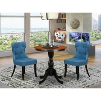 East West Furniture 3Piece Modern Dining Set Include a Wooden Table and 2 Blue Linen Fabric Dining Room Chairs with Button Tuft