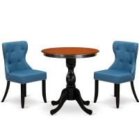 East West Furniture 3Piece Modern Dining Set Include a Wooden Table and 2 Blue Linen Fabric Dining Room Chairs with Button Tuft