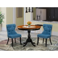 East West Furniture 3Pc Dining Table Set Contains a Wood Dining Table and 2 Blue Linen Fabric Mid Century Modern Chairs with Bu