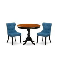 East West Furniture 3Pc Dining Table Set Contains a Wood Dining Table and 2 Blue Linen Fabric Mid Century Modern Chairs with Bu