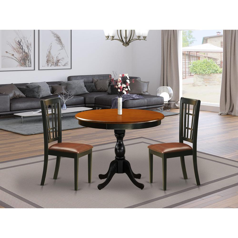 East West Furniture 3Piece Dinner Table Set Contains a Dining Table and 2 Faux Leather Kitchen Chairs with Slatted Back Black