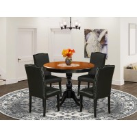 East West Furniture 5Piece Round Table Set Contains a Wood Kitchen Table and 4 Black PU Leather Upholstered Chairs with High Ba