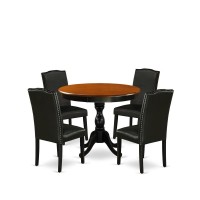 East West Furniture 5Piece Round Table Set Contains a Wood Kitchen Table and 4 Black PU Leather Upholstered Chairs with High Ba