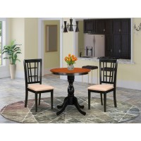 East West Furniture 3Piece Dining Table Set Include a Modern Dining Table and 2 Linen Fabric Dining Room Chairs with Slatted Ba