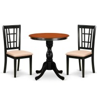 East West Furniture 3Piece Dining Table Set Include a Modern Dining Table and 2 Linen Fabric Dining Room Chairs with Slatted Ba