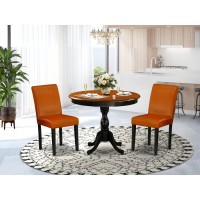 East West Furniture 3Piece Round Dining Table Set Contains a Dining Table and 2 Baked Bean PU Leather Mid Century Dining Chair