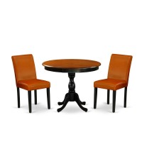 East West Furniture 3Piece Round Dining Table Set Contains a Dining Table and 2 Baked Bean PU Leather Mid Century Dining Chair