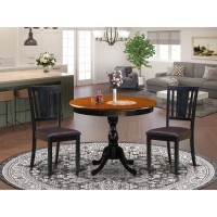 East West Furniture 3Pc Dining Room Table Set Contains a Mid Century Dining Table and 2 Faux Leather Dining Chairs with Panel B