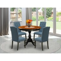 East West Furniture 5Piece Wooden Dining Set Consists of a Wood Kitchen Table and 4 Blue Linen Fabric Parson Chairs with Button