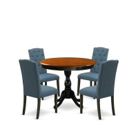 East West Furniture 5Piece Wooden Dining Set Consists of a Wood Kitchen Table and 4 Blue Linen Fabric Parson Chairs with Button