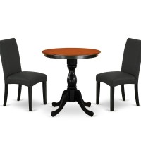 East West Furniture 3Piece Dinner Table Set Consist of Wood Dining Table and 2 Black Linen Fabric Parson Chairs with High Back